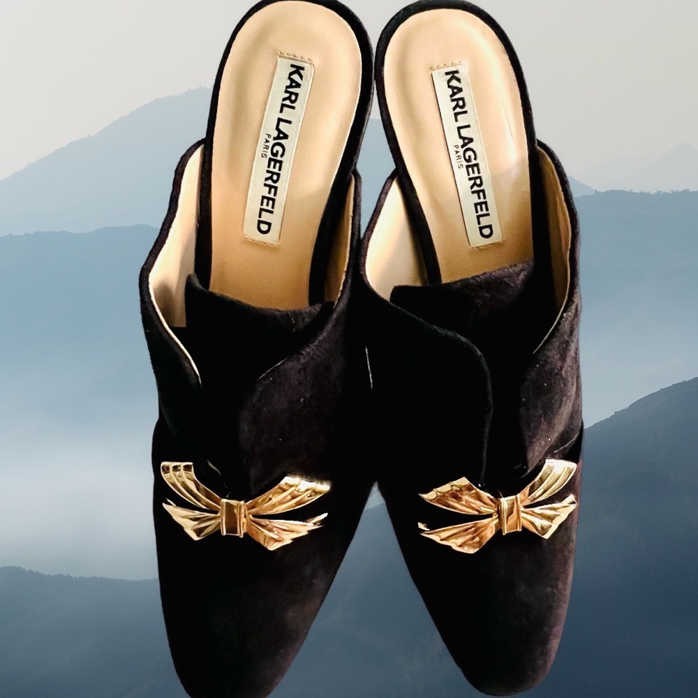 Karl Lagerfeld Norah Block Heel Suede Bow Mule Shoes